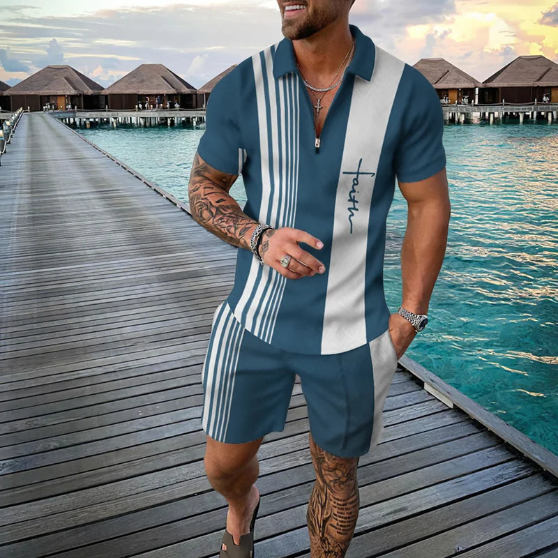 Men Zipper Polo Shirt Suit 2 Pcs Tracksuit Summer 3D Print Beach Boho Geometric Style Holiday Clothing Ensembles De Sport