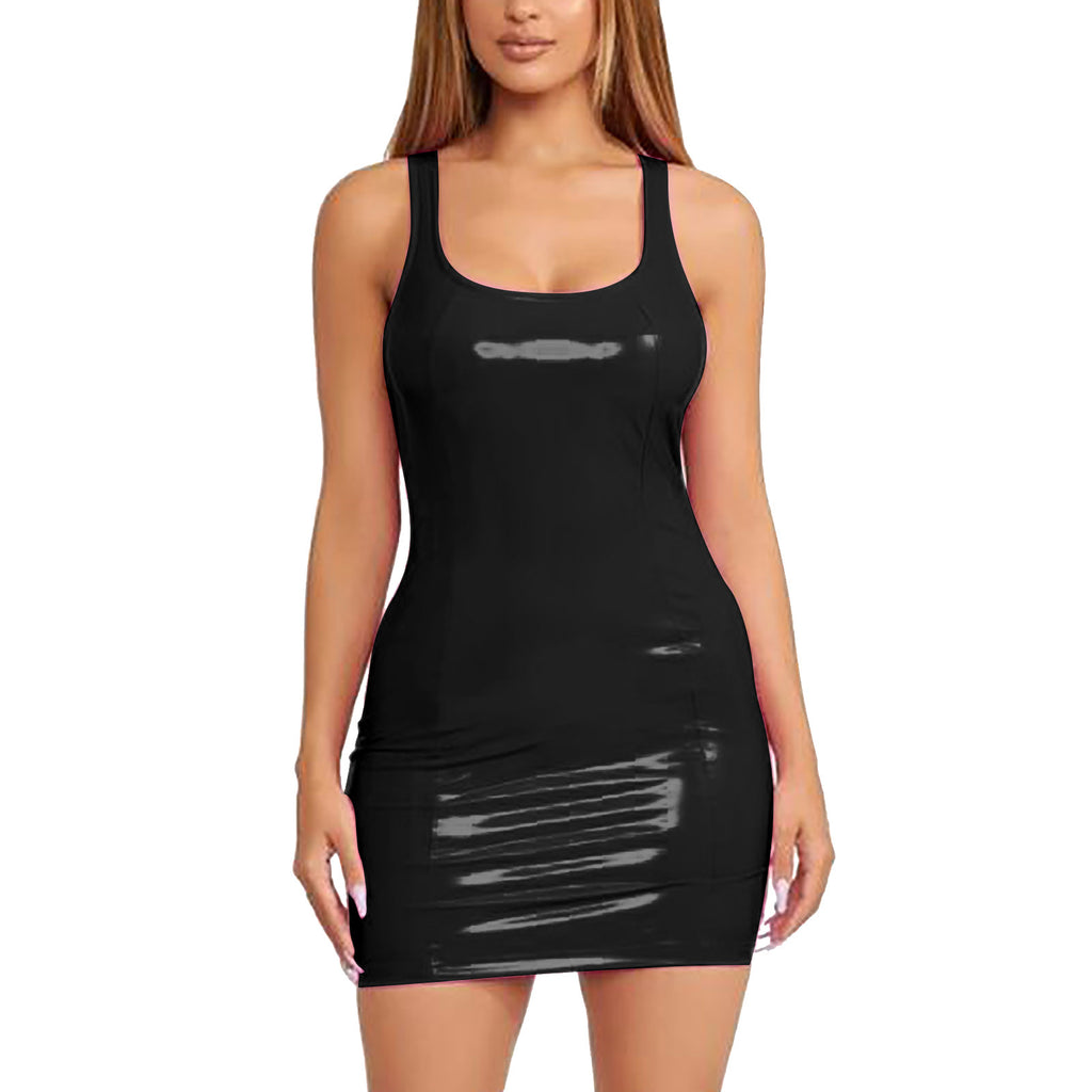 Women's Colorful Leather Dress Zipper PU High Elastic Round Neck Dress Short Skirt Elastic Leather Dress Wrapped Hip Sundress