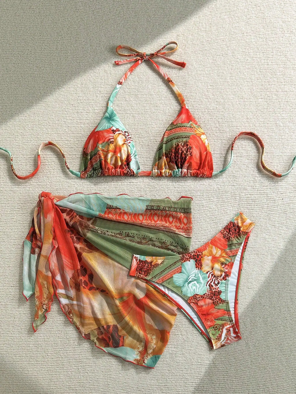 New Women's Retro Floral Print Apron Style Bikini Set 3 Piece High Waisted Tie Side Swimsuit Beach Vacation Swimsuit Biquine