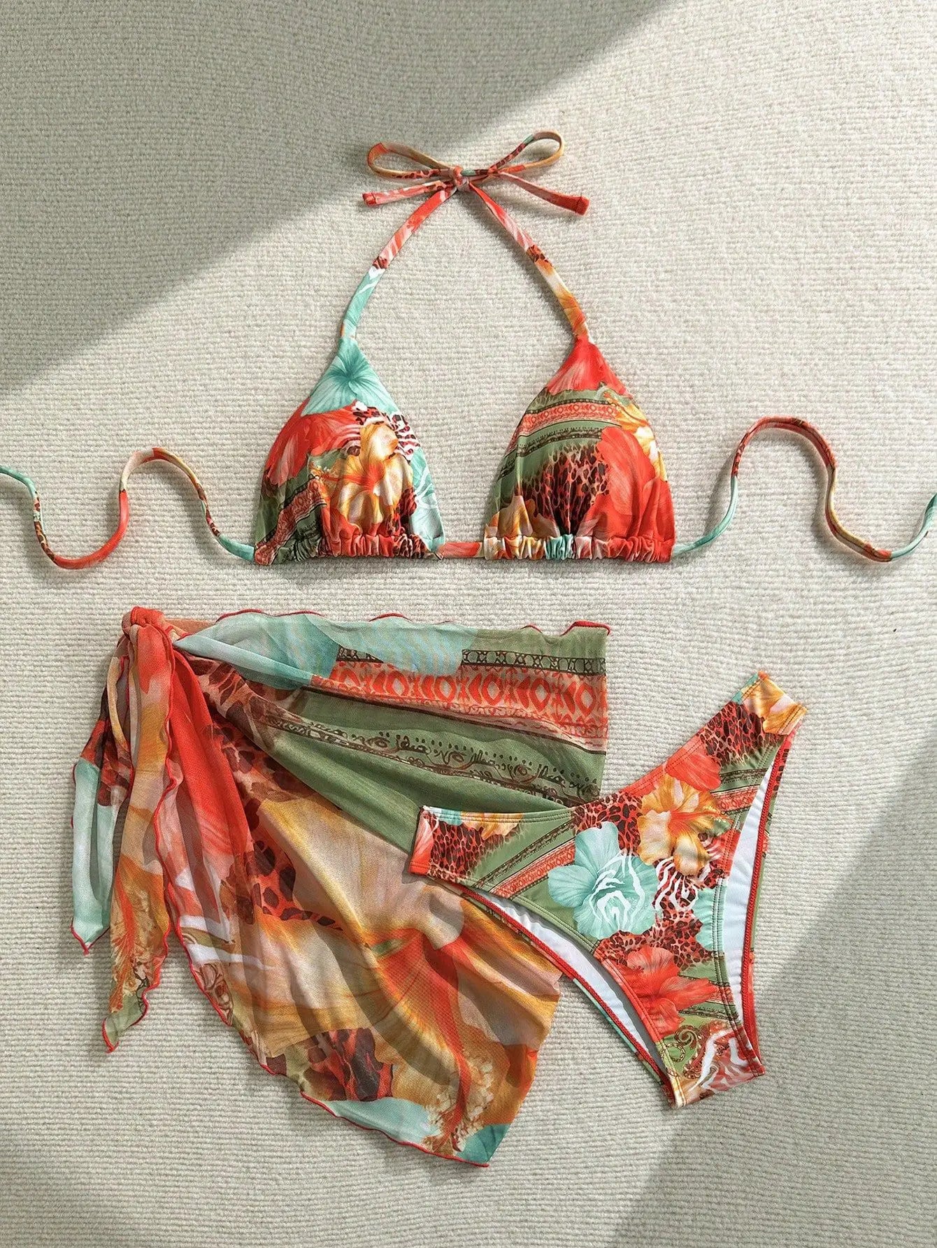 New Women's Retro Floral Print Apron Style Bikini Set 3 Piece High Waisted Tie Side Swimsuit Beach Vacation Swimsuit Biquine