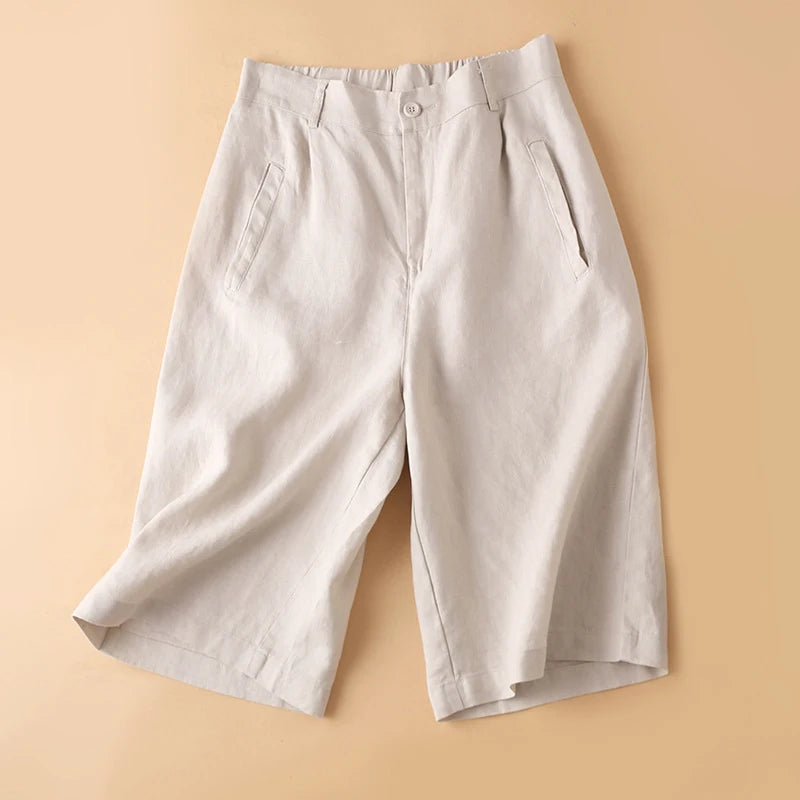Casual Linen Wide Leg Short Pants Women Summer Loose Fit Thin Cotton Linen Five-Point Pure Color Versatile High Waist Shorts