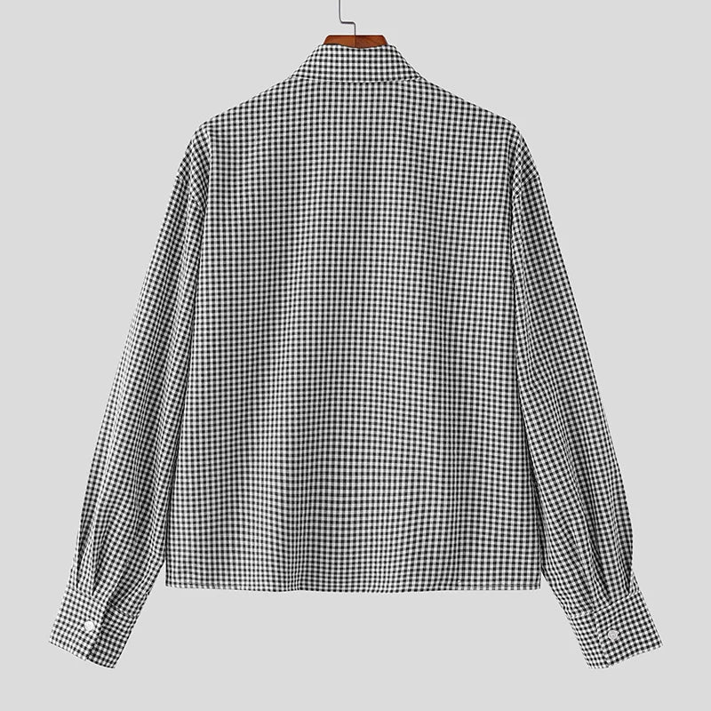 INCERUN Men Plaid Shirt Lapel Long Sleeve Patchwork Loose Men Clothing Streetwear 2026 Spring Fashion Casual Tops Male Shirts