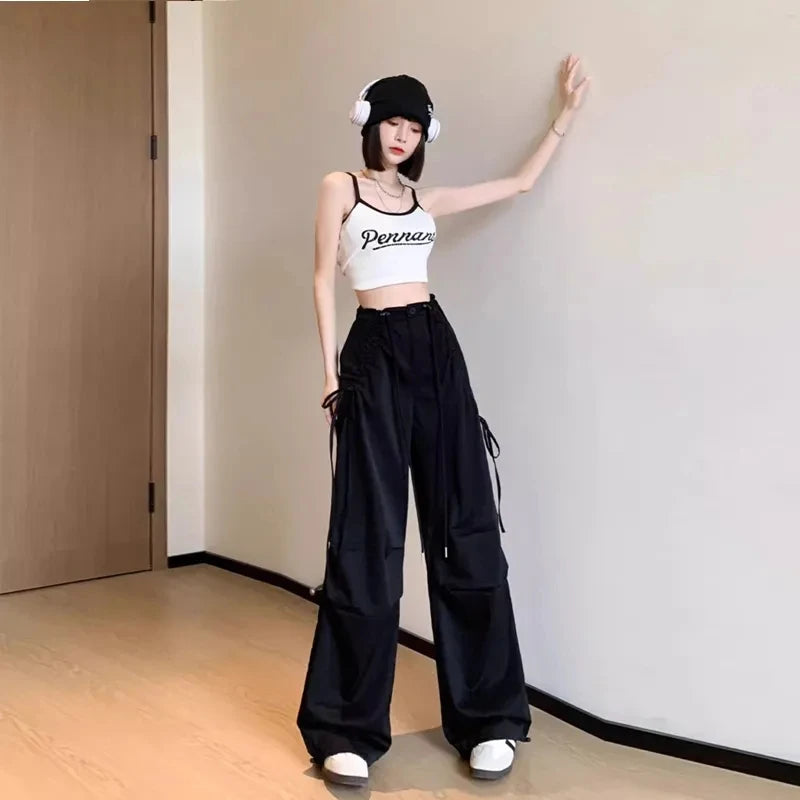 2026 Spring Summer New Women Pants Drawstring High Waisted Female Wide Leg Trousers Casual Vintage Korean Ladies Slim Work Pants