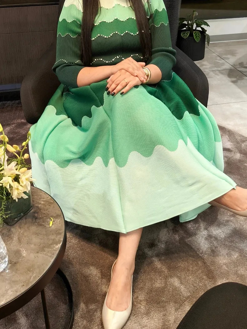 EGRM Pleated Party Dress Women's High Quality Beaded Color Block Long Sleeve Loose Fit Flared Maxi Evening Dresses 9R5303