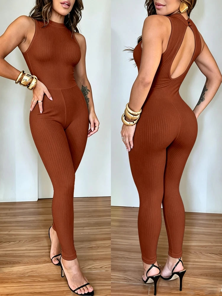 Casual Sleeveless Hight Waist Solid Long Romper Women Elegant O-neck Ribbed Bodysuits Sexy Backless Hollow Out Skinny Jumpsuits