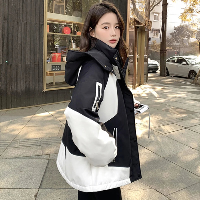 Black and White Patchwork Hiking Jacket Women Autumn Winter Winderproof Warm Hooded Zip Up Coat Korean Streetwear Couple Jackets