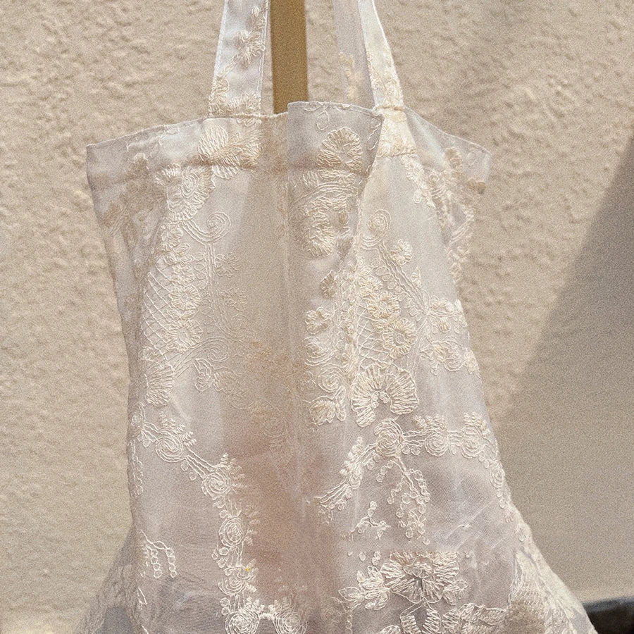 French Retro Chinese Style Lace Embroidery Organza Handbag Portable Shopping Daily Storage Bag For Women Daily Casual Use