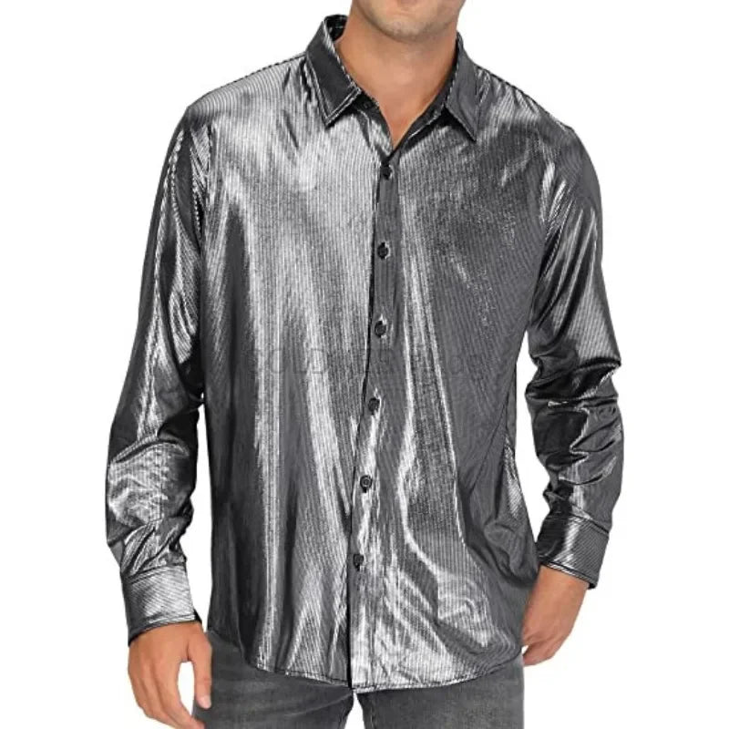 Metallic Shiny Polyester Dress Shirts for Men Black Solid Gold Red Silver Long Sleeve Turn Down Collar Prom Disco Men's Shirt