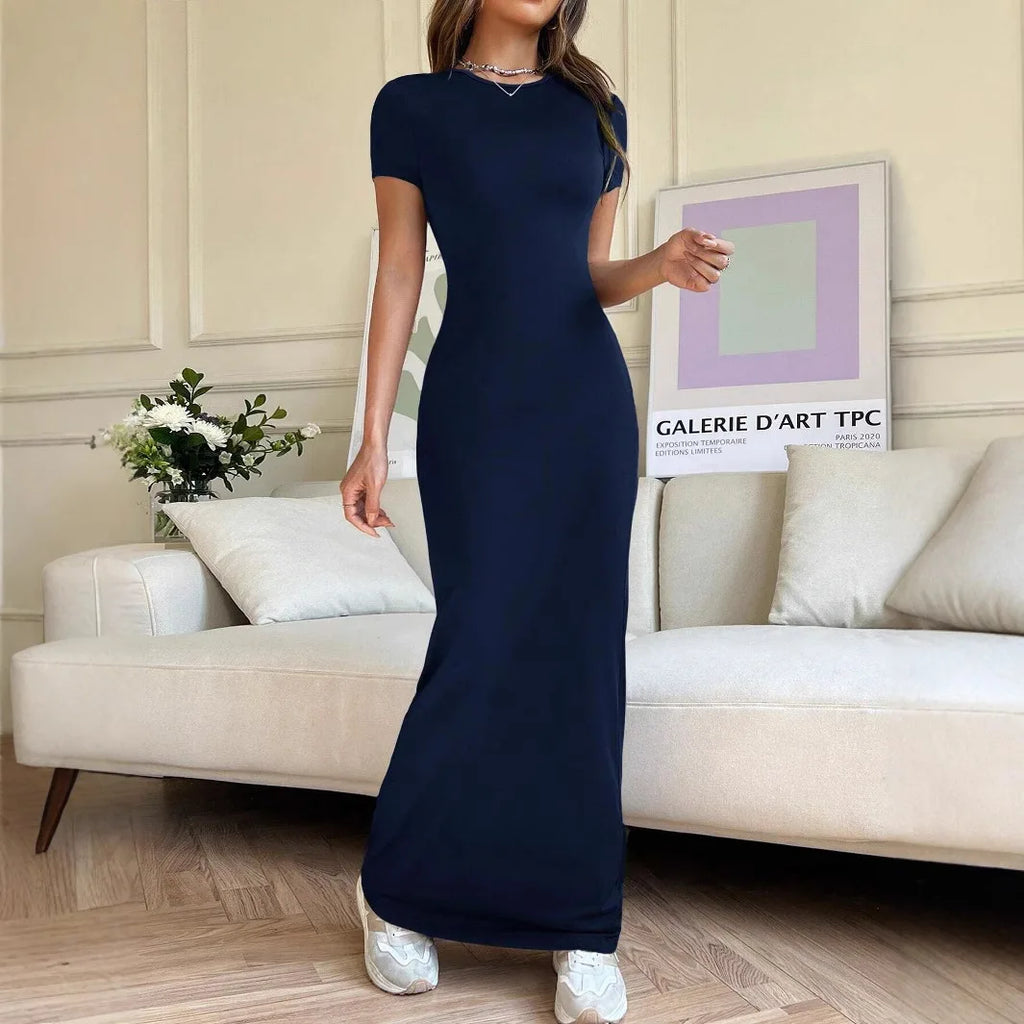 Short-sleeved Solid Color Slim Sexy Waisted Spring And Summer Temperament Dress Women's Round Neck Elegant Long Dress For Dinner