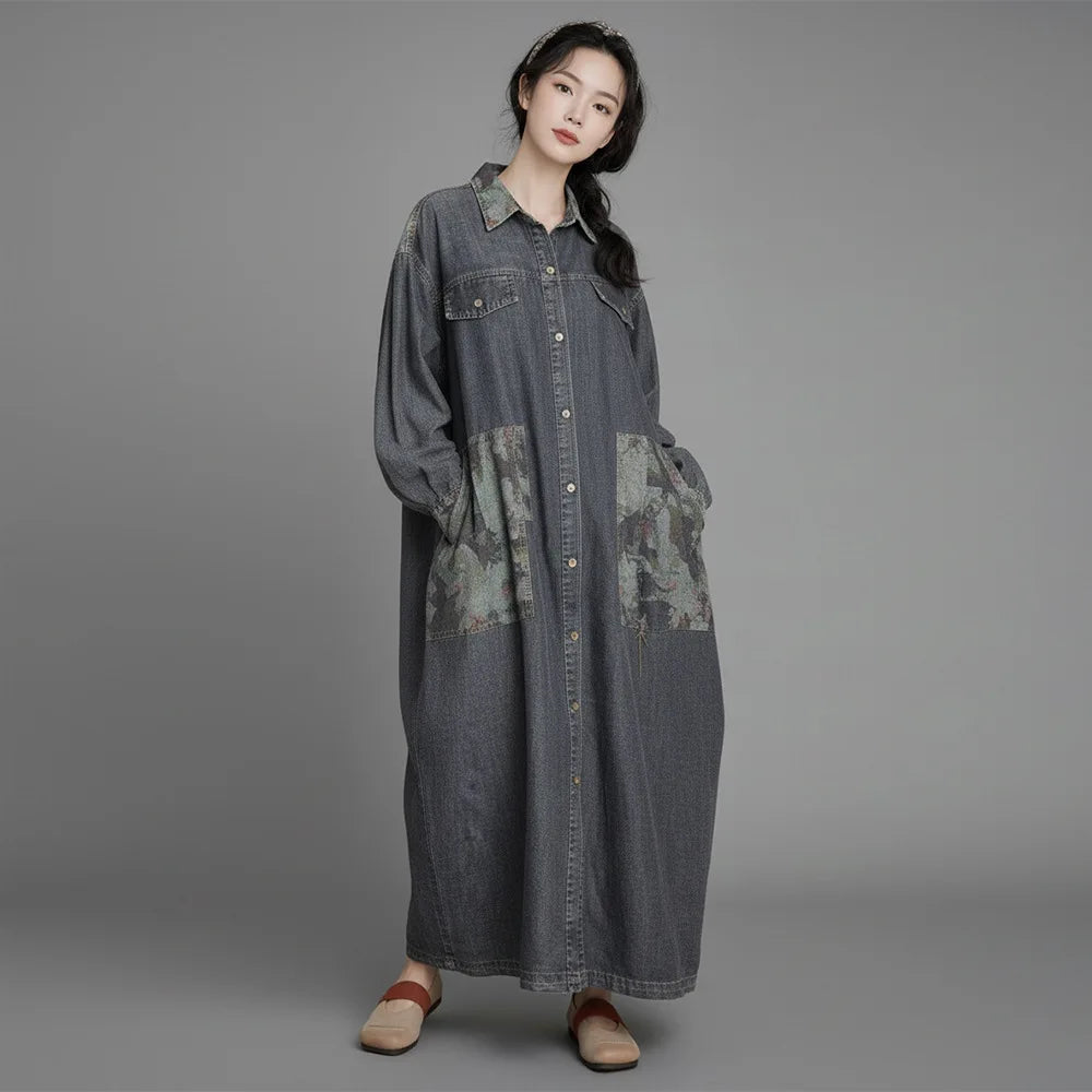 Johnature Women Vintage Denim Cotton Dress 2026 Spring New Turn-down Collar Long Sleeve Button Patchwork Pockets A-Line Dress