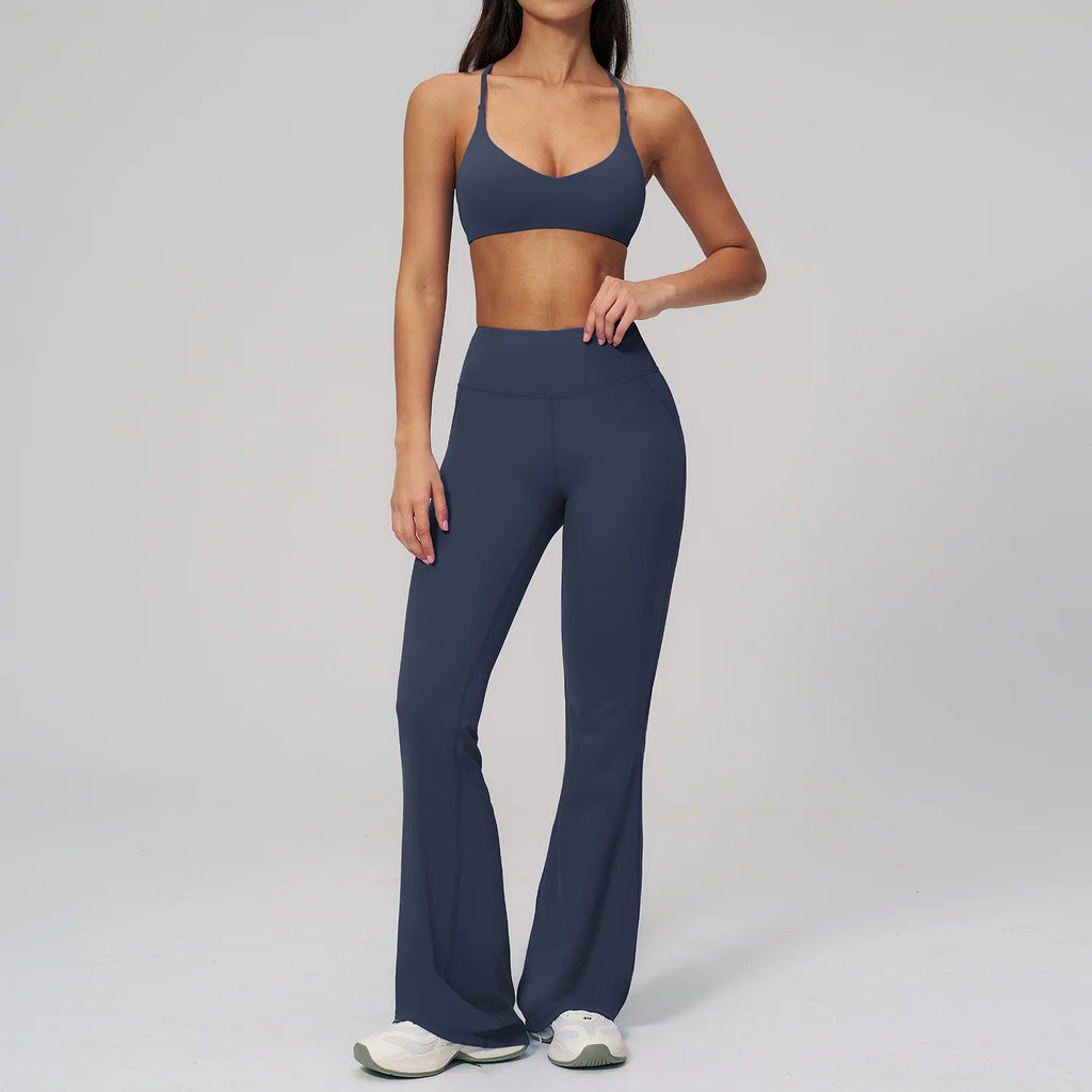 2PCS Flared Pants Yoga Set Women's Tracksuits Gym Fitness Outfits Sports Sets Female Shockproof Sports Bra Yoga Workout Clothes