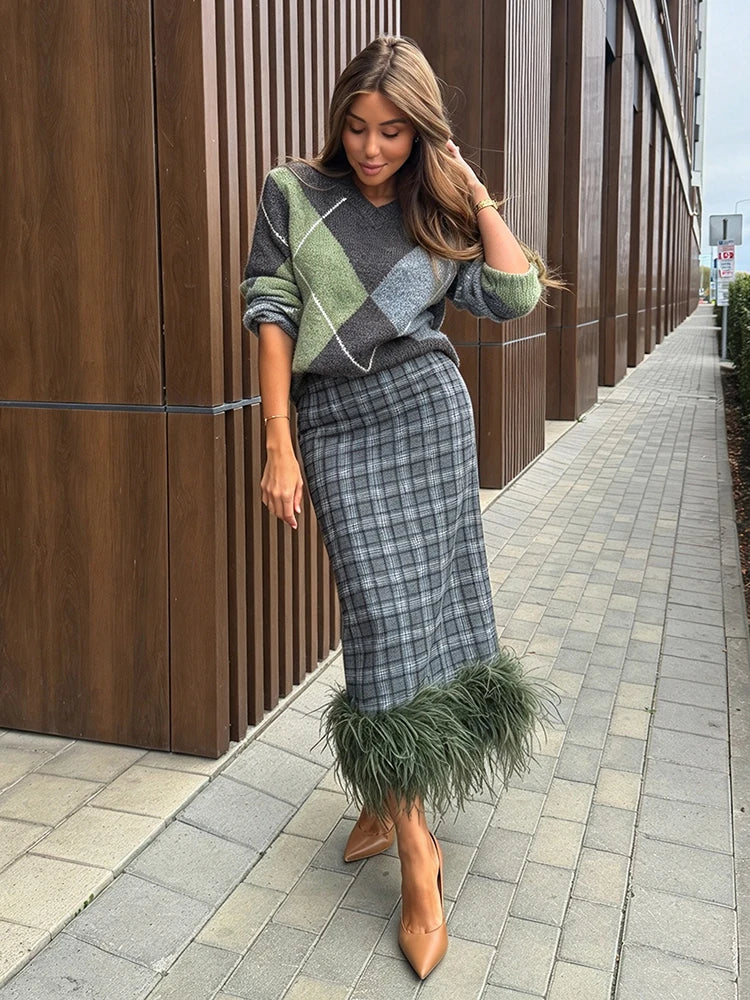 Women Plaid Midi Skirt With Feather Fringe Hem Elegant High Waist Straight Long Skirt Fall Winter Party Chic Bottoms