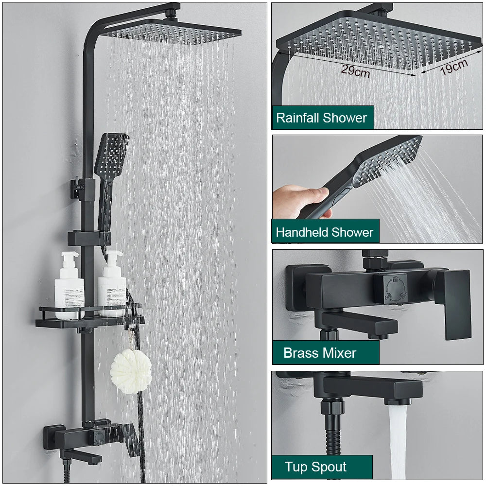 Shower Faucet Set Rainfall 3/4-ways Bathtub Tap With Bathroom Shelf Height Adjust Brass Mixer Crane Hot Cold Water Systems