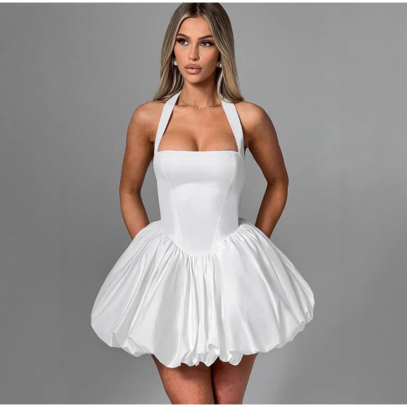 Sexy Halter Pleated Bud Mini Dress Women Sleeveless Tube Top Backless Bandage Solid Party Dresses 2026 Summer Fall Evening Robe