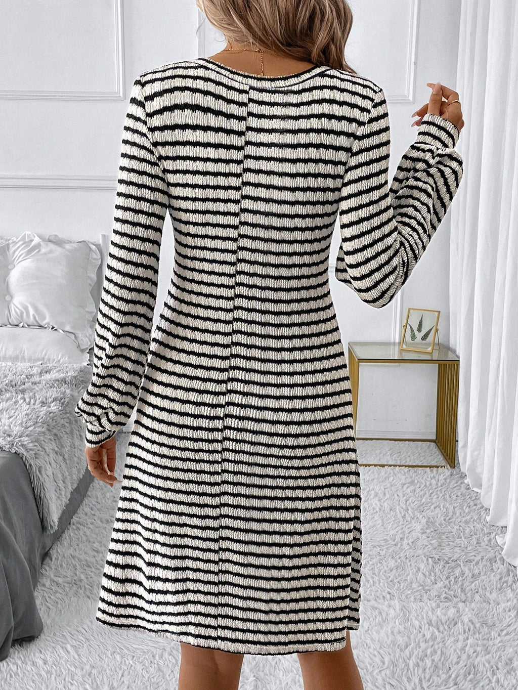 Women's Striped Knit V - Neck Dress, Long - Sleeve, Casual Fit for Fall & Daily Looks