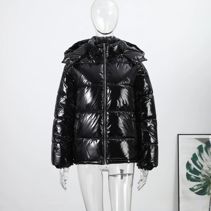 High Street Women's Glossy Zipper Hooded Coats Warm Elastic Waist Pleated Short Cotton Female Jacket 2026 Winter New Lady Outfit