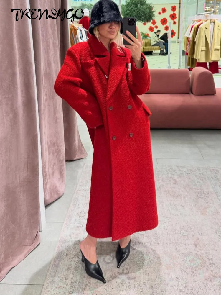 Women's Long Overcoats Lapel Full Sleeve Oversized Woolen Coats Autumn Female Double Breasted Solid Loose Jackets New Outerwears