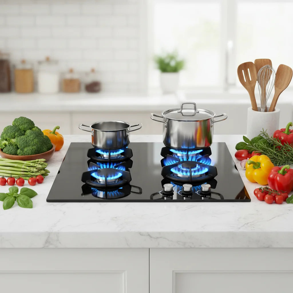 3 Burner Built-in Gas Hob 60cm Black Tempered Glass LPG Gas Cooktop with Timer Knob Control Kitchen Stove