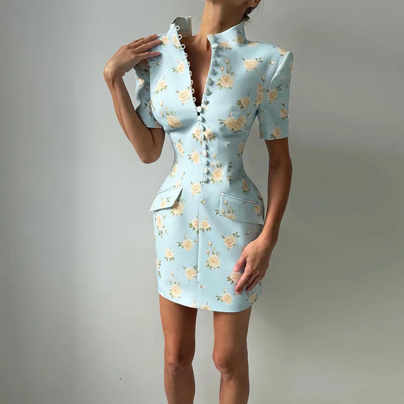 Sexy Print Women's Dress Multi Button Shoulder Pad Waist Cinching Package Hip Short Sleeved Dresses Fashion Summer Daily Wear