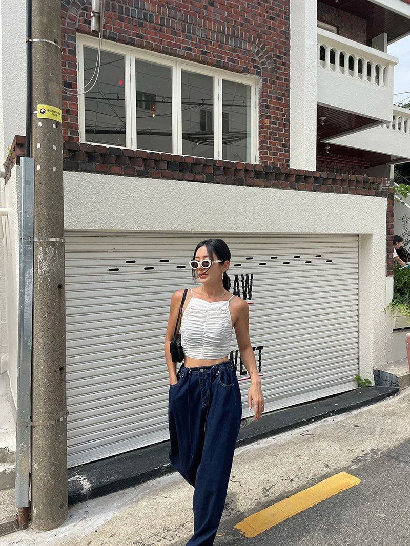 Retro High-waisted Women's Straight Jeans Summer New Fashion Loose Drawstring Design