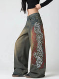 European And American Style, Dragon Pattern Flame Contrast Embroidery, Vintage Aby Style, Yellow Mud Gradient Jeans