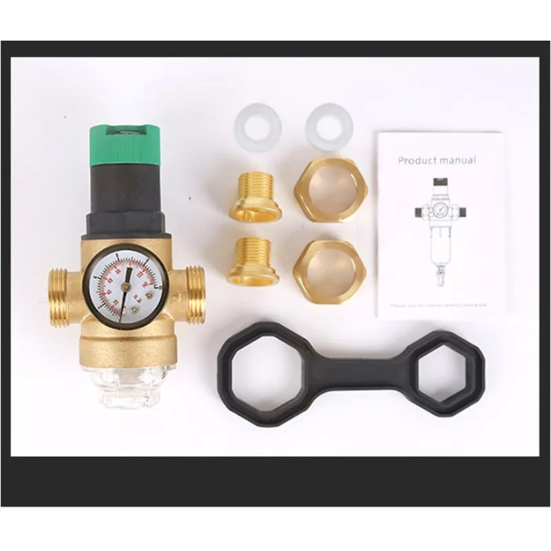 Brass Water Pressure Reducer Valve with Gauge Filter, Double Union Thread Water Stabilizer for Domestic Plumbing Pipeline