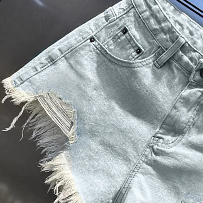 Retro Irregular Old Ripped Denim Shorts Women's Summer Low Waist Design Jeans Hot Pants Sky Blue
