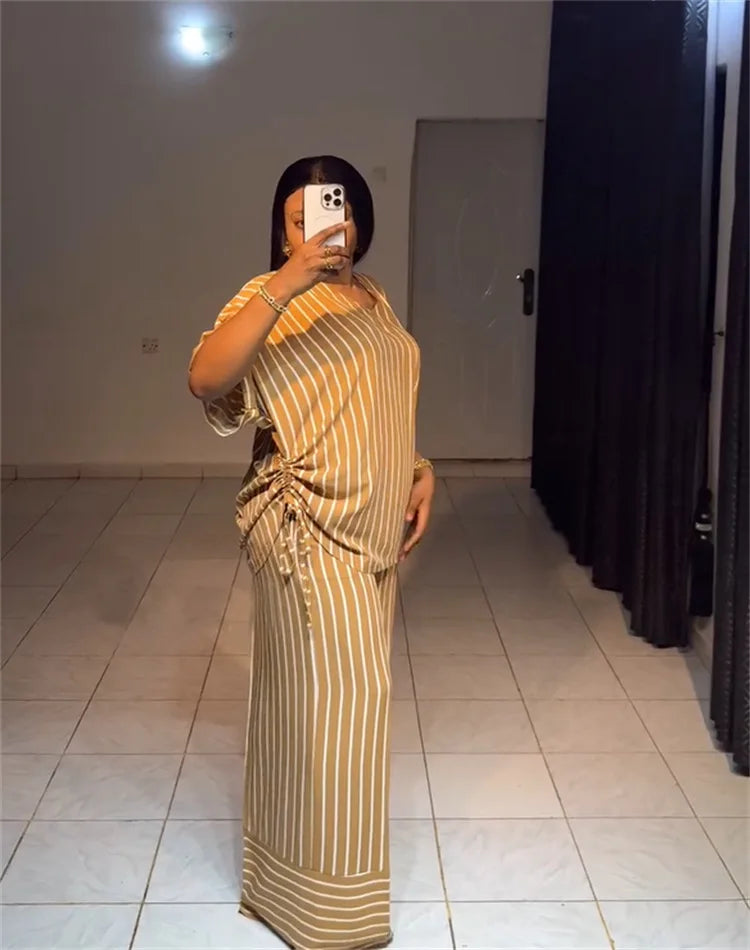 Pant Set Women Two Piece Sets V Neck Short Sleeve Drawstring Shirt Striped Wide Leg Long Pants Elastic Waist Y2k Streetwear 2026