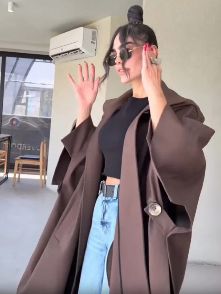 Fashion Solid Cape‑style Long Overcoat Women Oversize Hooded Self‑tie‑belt Wide 3/4 Sleeve Trench Coat New Fall Female Outerwear