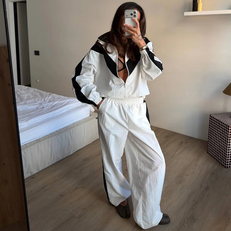 Fashion Color Block 2 Piece Tracksuit Women's Stand Collar Zip Lightweight Jacket Loose Mini Shorts 2026 New Lady Casual Outfit