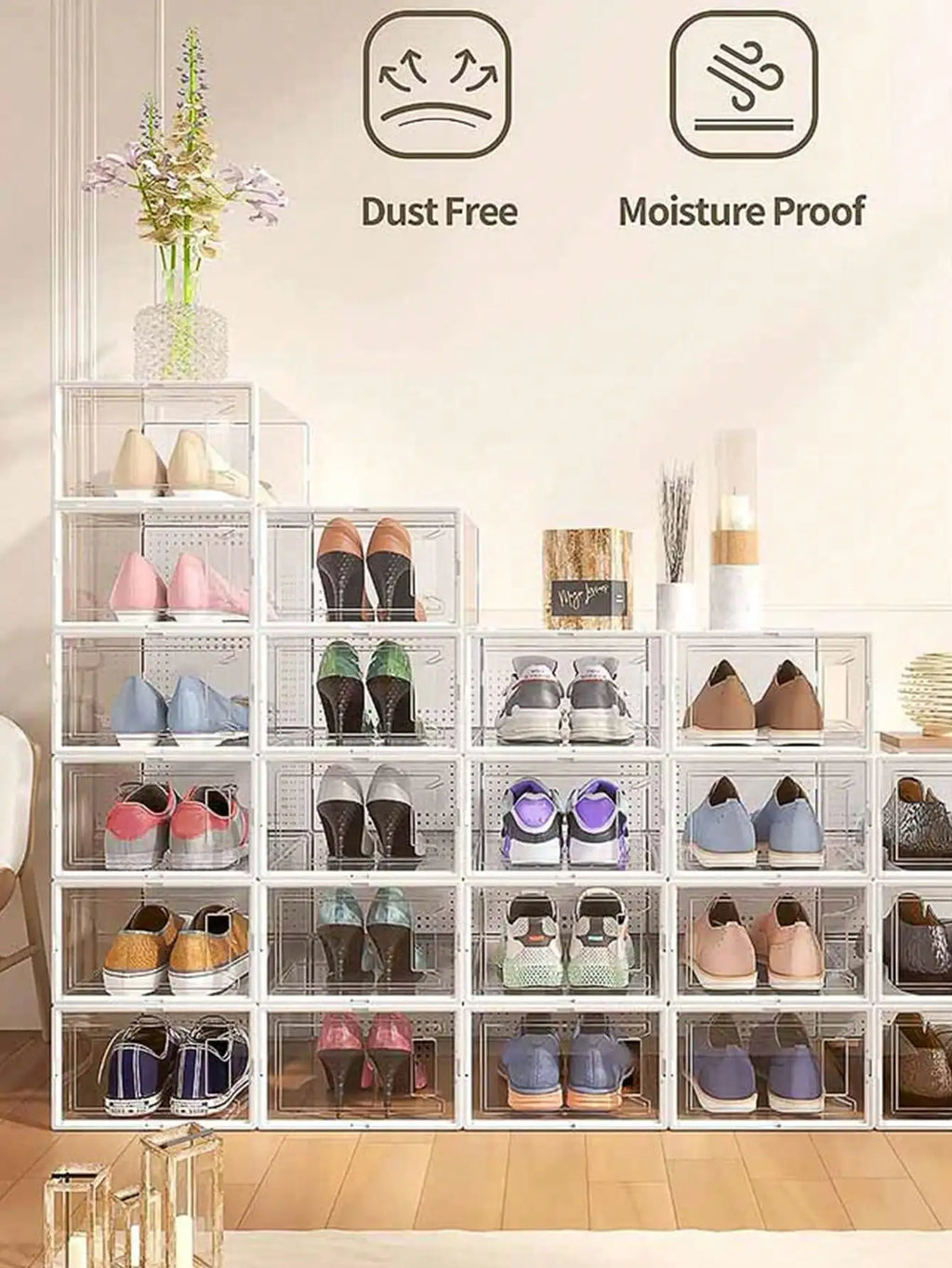 12 Pack Large Clear Plastic Stackable Shoe Storage Boxes with Lids, Modular Space Saving Sneaker Display Organizer Bins for Closet