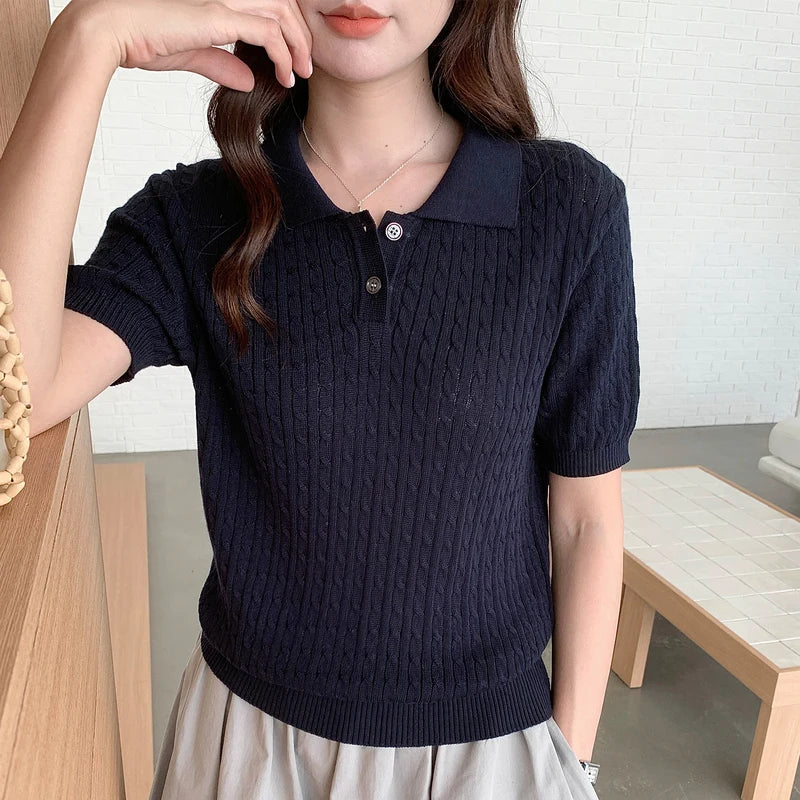 WinvyNee Women Cotton T-shirt Summer Short Sleeve Blue Solid Slim Fit Y2k Polo Collar Casual Pullovers Clothing Basic ZA1523009