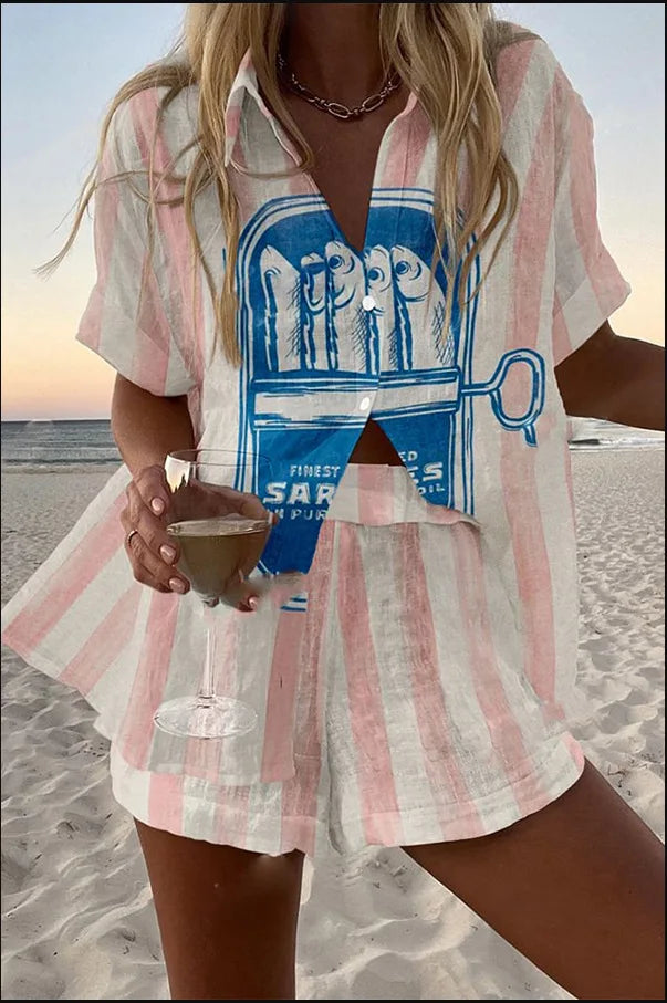 Fashion Print Beach Holiday 2-Piece Set Women Summer Short Sleeve Shirt Top + Wide Legs Short Women's Oversized Two-Piece Outfit