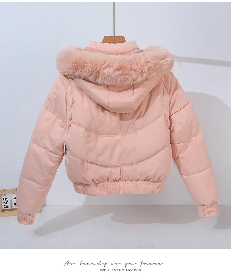 Winter Thickened Short Korean-Style Cotton-Padded Jacket with Fur Collar for Petite Women Warm Coat down Filled