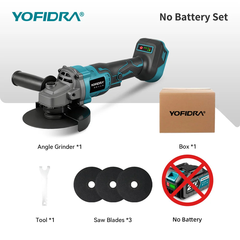 YOFIDRA 125mm Brushless Angle Grinder 3 Gears Cordless Grinding Machine Cutting Woodworking Power Tool For Makita Battery Pin