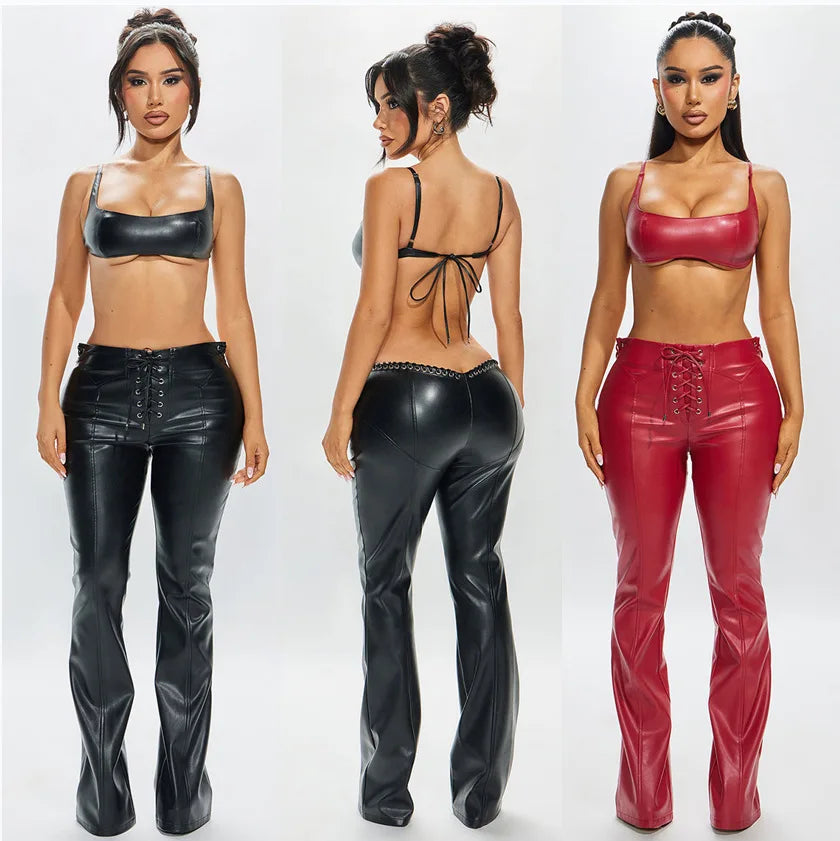 Sexy Bikini Tops Leather 2 Piece Pant Set Outfits 2026 Women Summer Clothing Elegant Luxury Crop PU Top Two Piece Sets