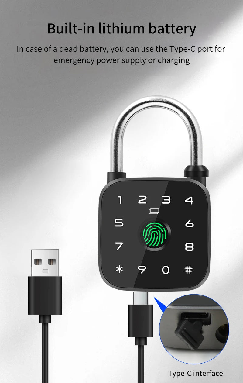 IP67 Smart Padlock Support Tuya App Fingerprint Password RFID Card Key Unlock Type-C Charging Multi-function Anti-theft Lock