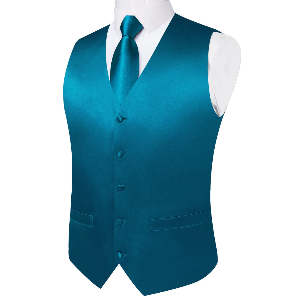 Satin Men's Solid Blue Suit Vest with Tie Handkerchief Cufflinks Business Formal Waistcoat Wedding Prom Men Sleeveless Jacket