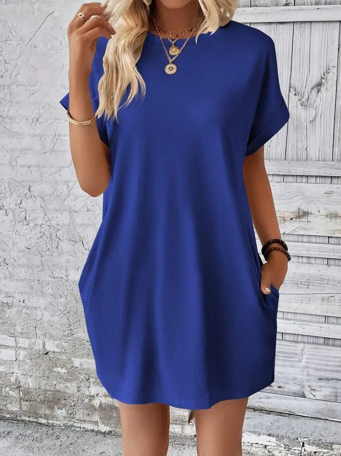 New women's spring and summer fashionable temperament casual commuting solid color round neck loose short sleeved pocket dress