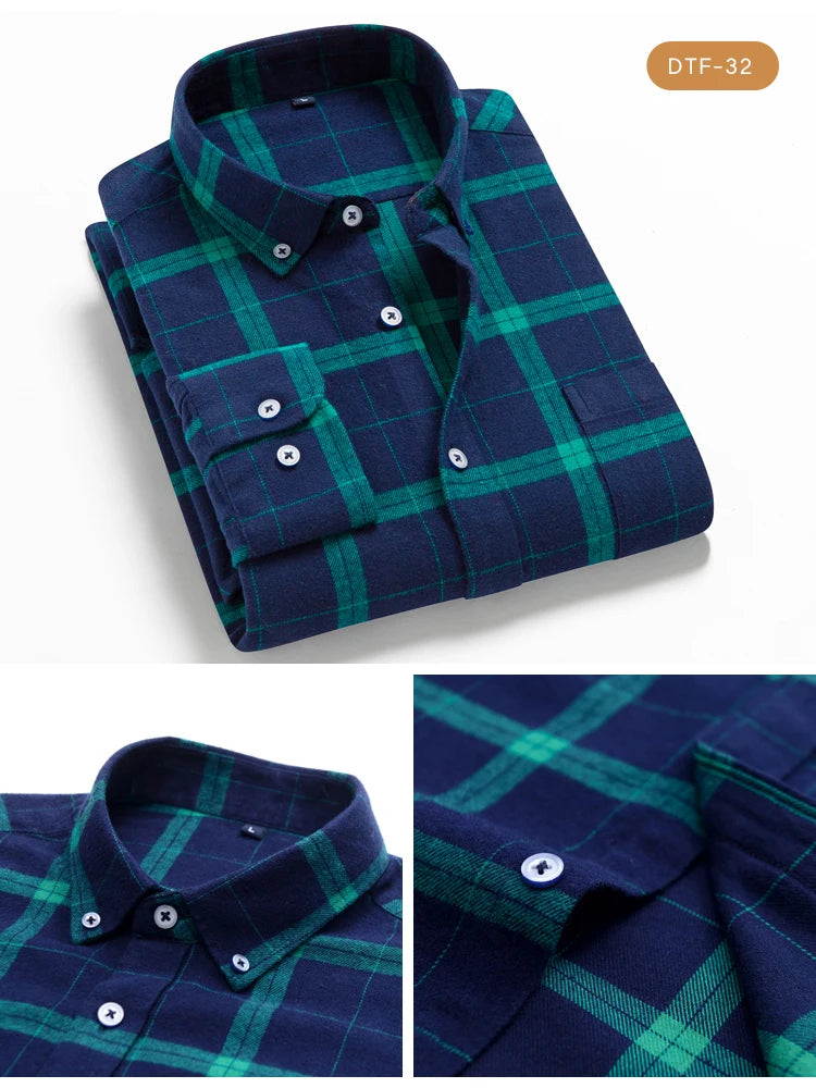 Men's Button Down Collar Contrast Plaid Pure Cotton Flannel Shirt with Left Chest Pocket Slim Fit Comfort Casual Brushed Shirts
