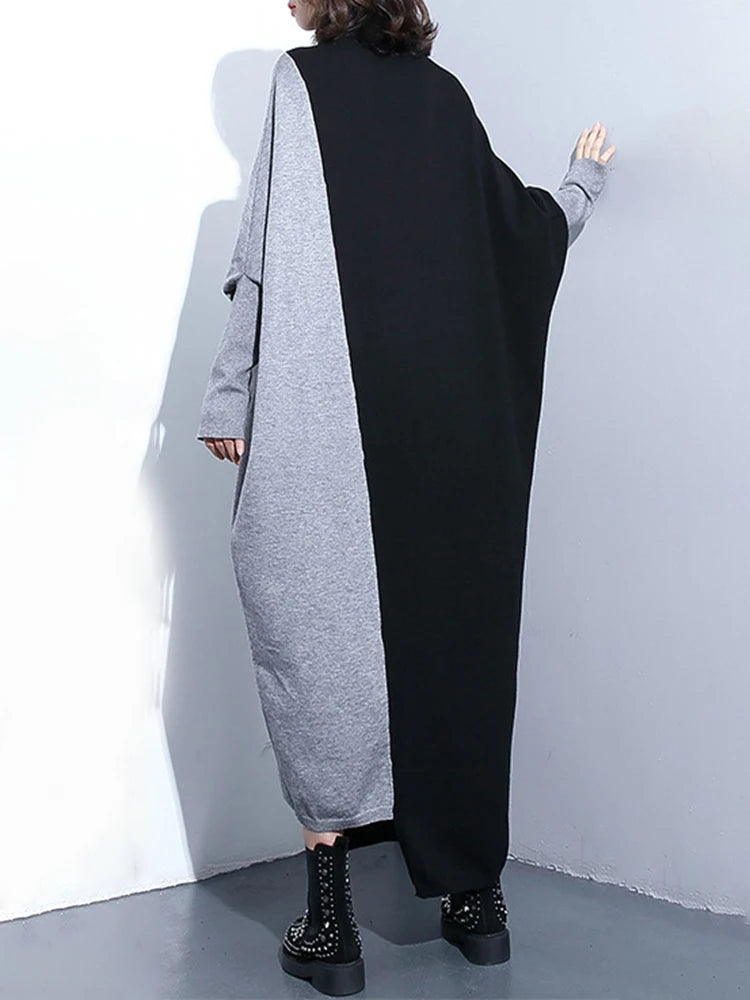 [EAM] Women Coffee Color-block Big Size Long Sweater Dress New Turtleneck Long Sleeve Fashion Tide Spring Autumn 2026 1DJ2393
