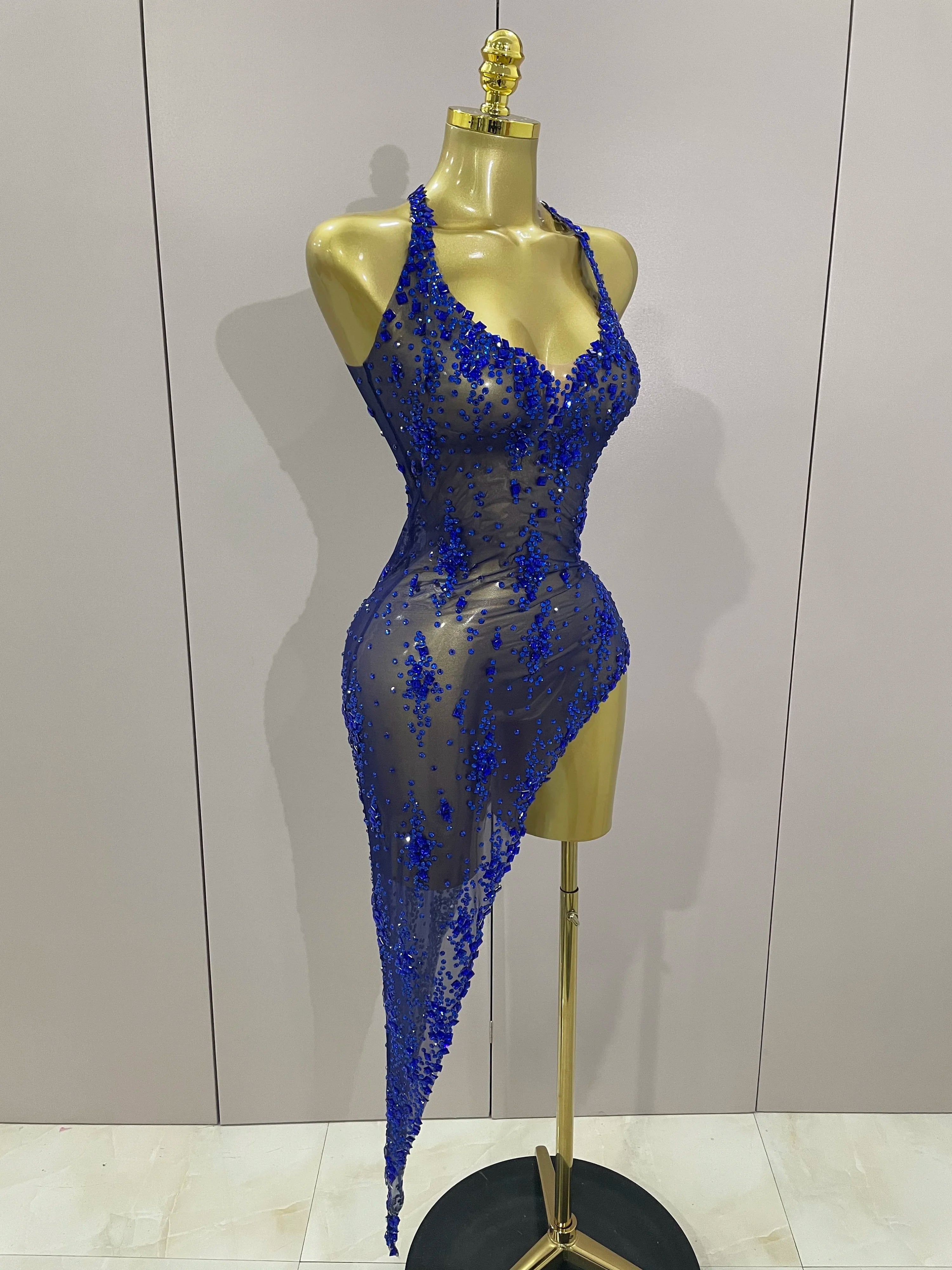 2025 New Sparkly Rhinestone V Neck Stretch Mesh Sexy See Through Dress Women Elegant Party Celebrate Perform Costume Stage Outfi