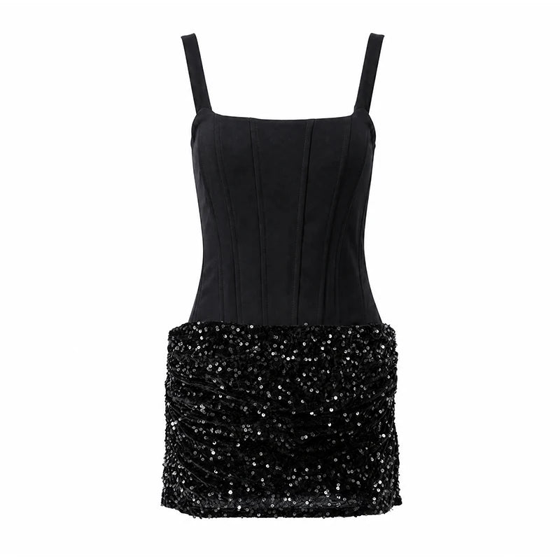 Sexy Women Pleated Bodycon Dress Sequin Backless Slim Spaghetti Strap Mini Summer Dresses 2026 Evening Nightclub Party Gown