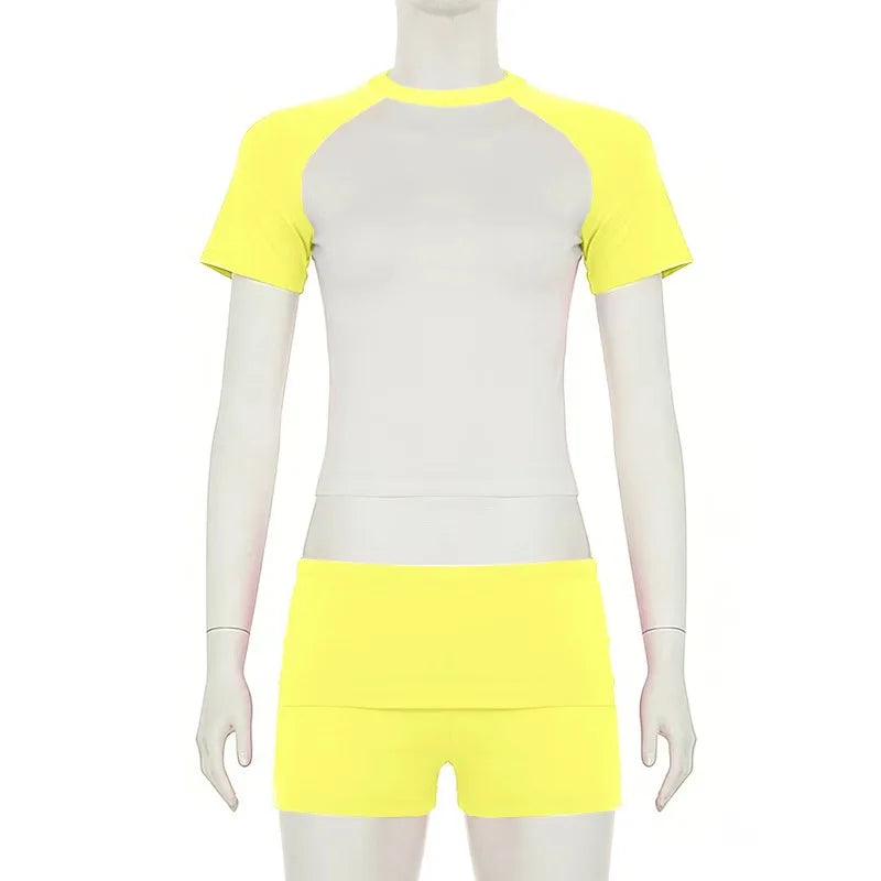 Women's Colorblock 2 Piece Outfit Set Raglan Sleeve Crop Top High Waist Foldover Waistband Biker Shorts Casual Sporty Loungewear