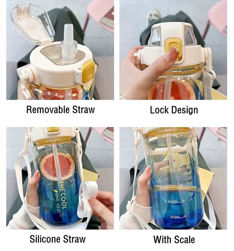 1.5/2 Liter Water Bottle Portable Plastic Sports Bottle With Straw Strap Large Tumbler Gym Travel Juice Drinking Bottle BPA Free