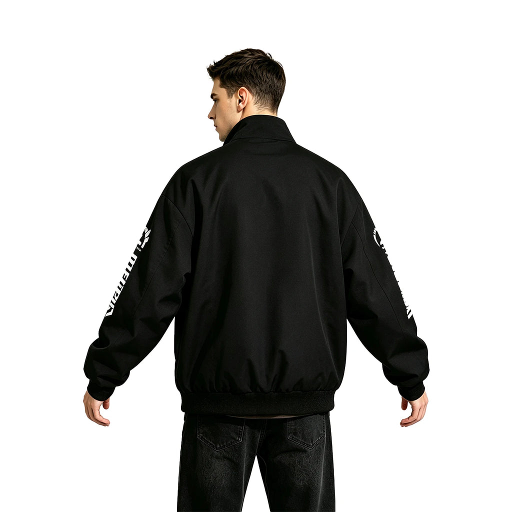 Men Racing Jacket Black White Color-block Stand Collar Zip-up Loose Windbreaker Speed Print Casual Streetwear Jacket Coat