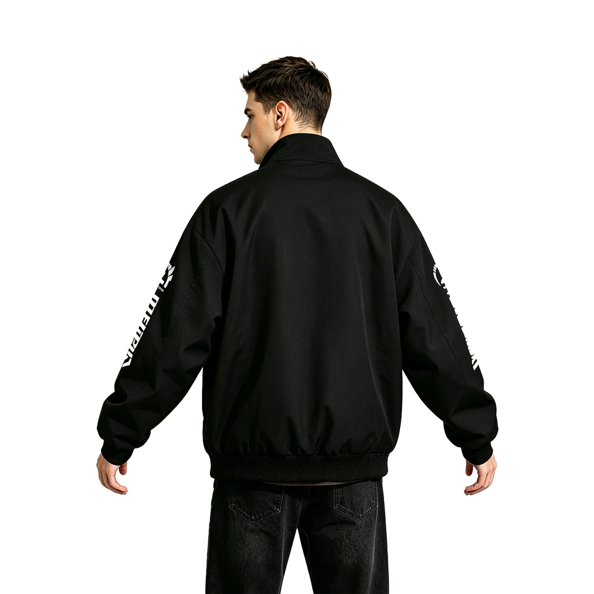Men Racing Jacket Black White Color-block Stand Collar Zip-up Loose Windbreaker Speed Print Casual Streetwear Jacket Coat