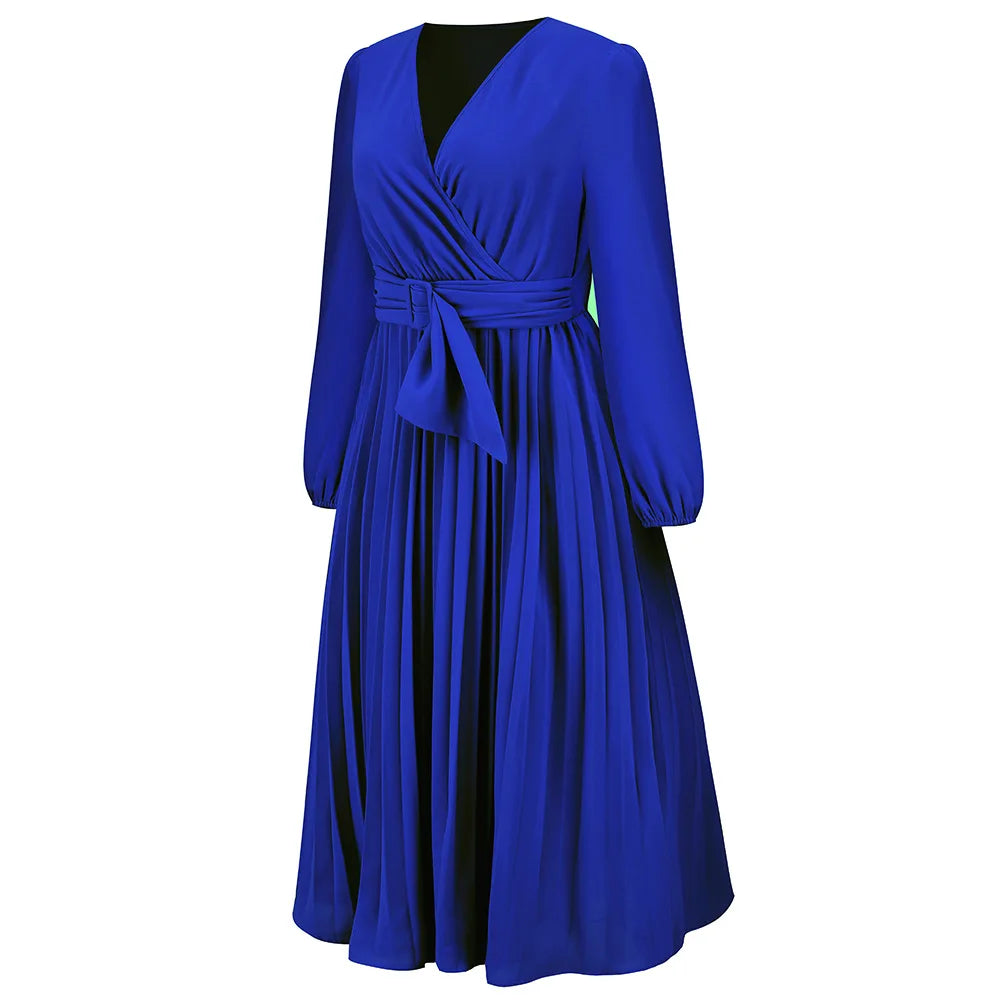 Elegant Women's Green Chiffon Autumn/Winter Long Sleeve Slim Fit Pleated Dress Fashion Women's V-neck Belt Party Dresses S-2XL