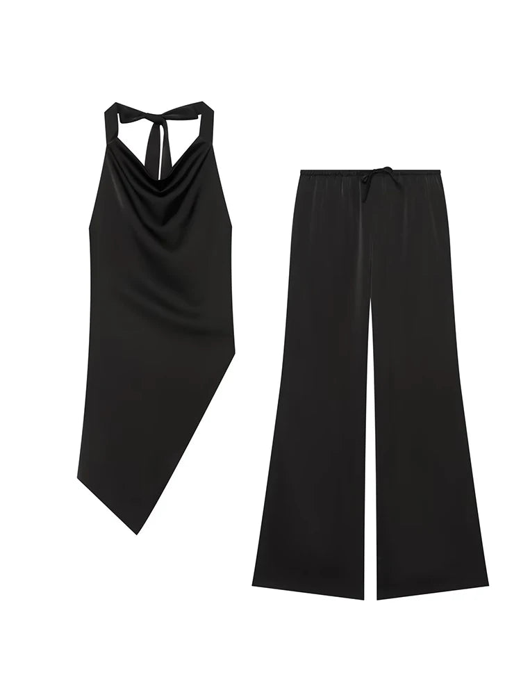 TFMLN Chic Women Long Trouser Suit Backless Lace Up Halter Asymmetrical Top Wide Leg Pants 2026 Summer Sexy 2 Piece Sets