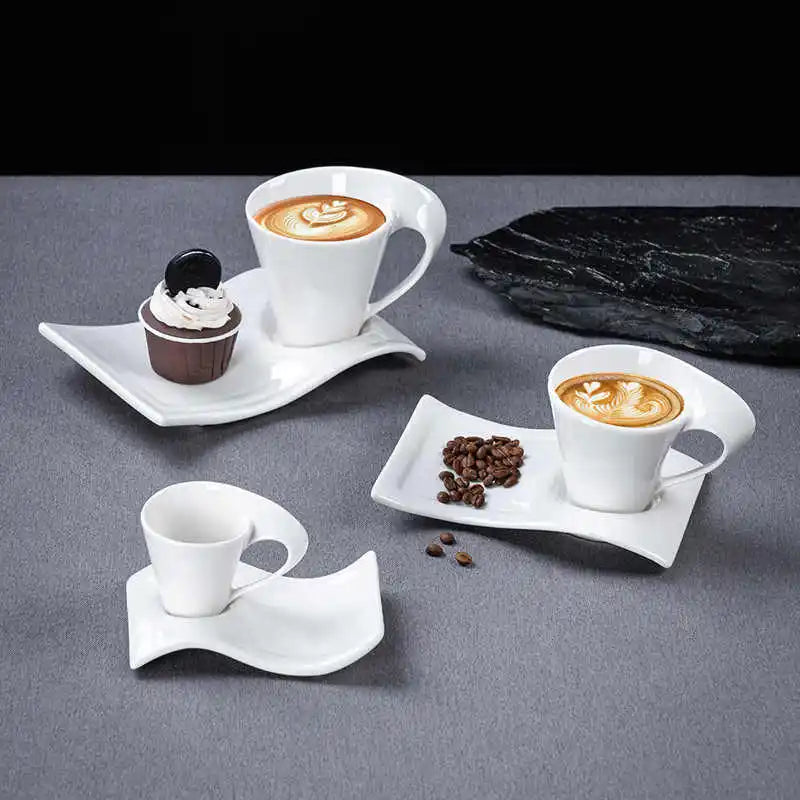 European Ceramic CoffeeCups Set with Wave Shape Plate 80 100 180 and 280ml Modern Minimalist White Cappuccino Latte Dessert Dish
